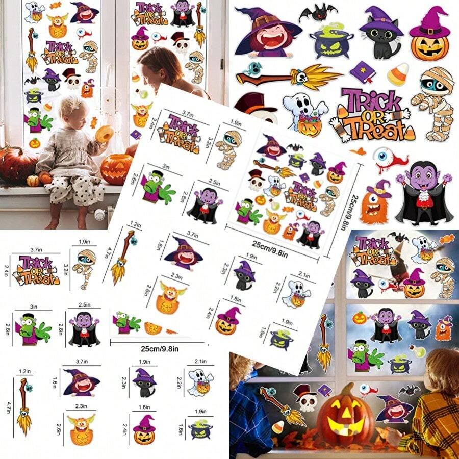 40Pcs Halloween Thick Gel Clings Witch Black Cat Pumpkin Ghost Skeleton Window Gel Decals Reusable Trick Or Treat Window Clings For Home Classroom Nursery Halloween Party Supplies Gift