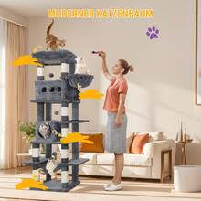 HEXCELEN Cat Tree For Indoor Cats, 170 Cm Large Tall Cat Tower, Multi-Level Cats House With Condo, 8 Scratching Posts, Hammock, 4 Pom Poms, Dark Grey - Màu xám đen - Xem 2