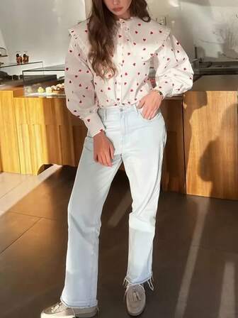 Women's Elegant French Heart Pattern Ruffle Collar Blouse - Polyester, Machine Washable, Perfect For Spring/Autumn