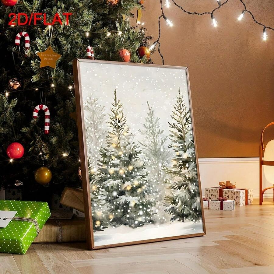 2D Flat, 1pc Snowy Pine Trees Christmas Poster - Minimalist Winter Forest Landscape Canvas Print, Frameless Wall Art Decor For Living Room, Bedroom, Office - Modern Farmhouse Holiday Decoration With Ink On Canvas Painting, Seasonal Home Accent, Textured Artwork
