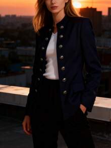 Elegant Double-Breasted Blazer For Women - Casual Work Jacket For Women. This Stylish Long-Sleeved Jacket In Black Polyester With Flap Pockets Is Perfect For The Office Or A Casual Chic Look. Work Jackets | Double-Breasted Jackets | Polyester Blazer - Màu xanh lam - Xem 2