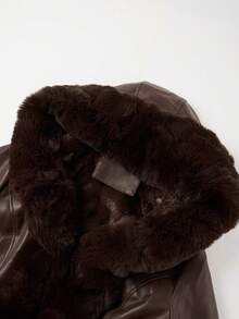Giolshon Women's PU Leather Jacket With Faux Fur Lining, Hood And Belt - Minimalist & Fashionable, Suitable For Autumn/Winter - Chocolate Brown - View 10