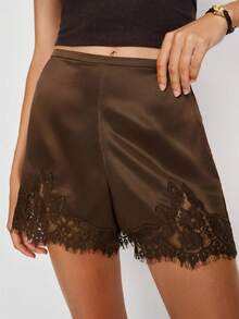 Women Pettipants  Shorts Lace Trim Satin Silk Bloomers Bottoms Elastic Waist Lace  Shorts - 棕色 - 查看 3