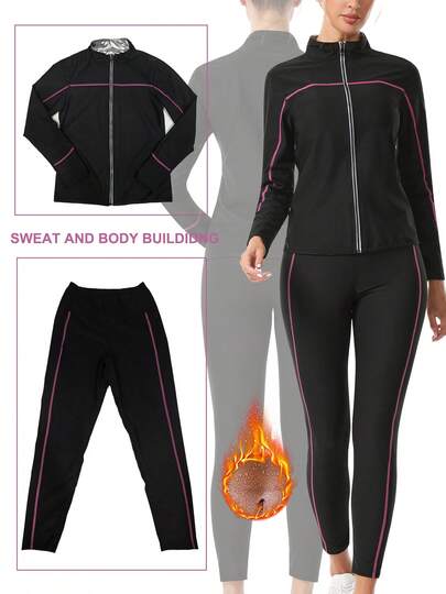 بدلة سونا للنساء - جاكيت وبنطلون مزود بسحاب طويل الأكمام، تأثير التعرق المعزز، مناسب للسونا والجيم والملابس الكاجوال والرياضة اليوغا
