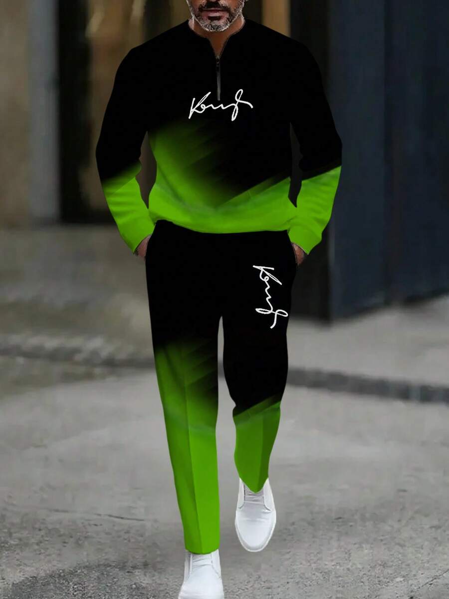 Autumn/Winter New Men's Casual Stand-Up Collar Suit, With "King" Text Logo, Gradient Style Men's Stand-Up Collar Zipper Casual Sport Suit, With Purple, Green, Dark Gray, Light Gray And Other Color Matching, Each Set Includes A Stand-Up Collar Half Zipper Top And A Draw Casual Long Pants, The Overall Use Of Gradient Color Design Sports, Street Style Suit, Men's Clothing, Men's Suit.  Striped    Spring/Fall    Regular Fit    Pocket  Zipper    Going Out  Daily - 綠色 - 查看 1