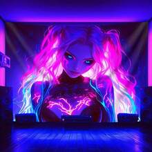1pc Cyberpunk Vibrant Neon Colored Sexy Woman Glowing In The Dark Printed Tapestry, Used For Beautiful Bedroom Wall Hanging, Home And Office Decoration To Celebrate - 彩色 - 查看 1