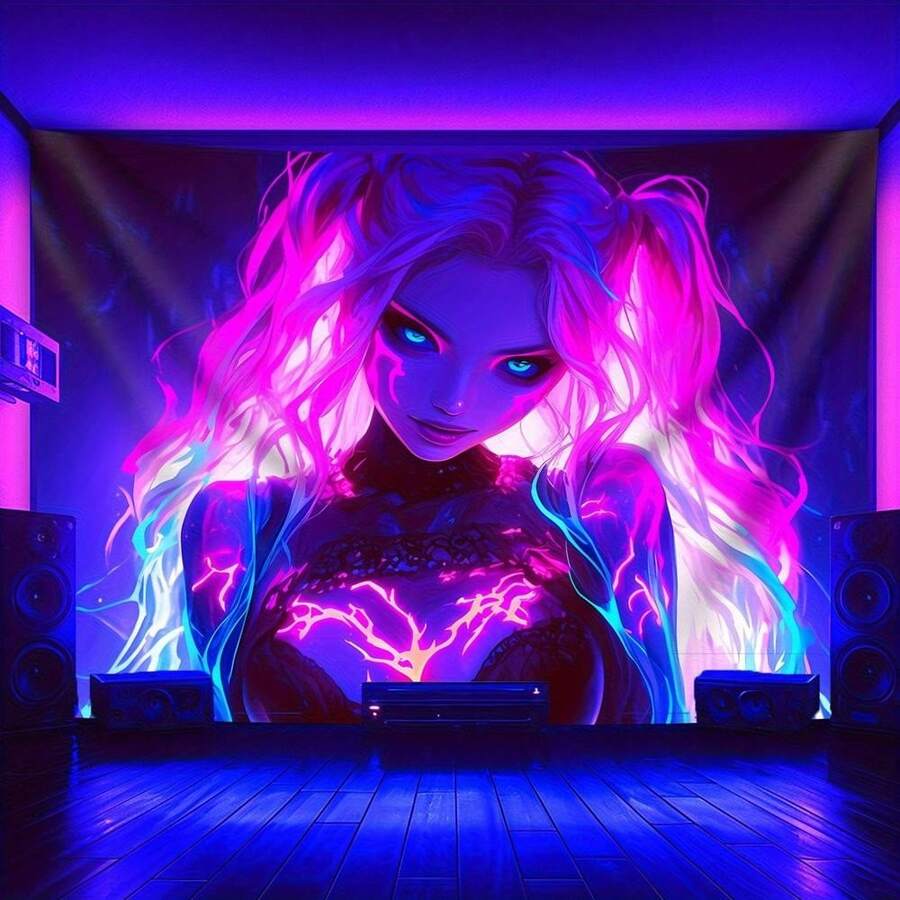 1pc Cyberpunk Vibrant Neon Colored Sexy Woman Glowing In The Dark Printed Tapestry, Used For Beautiful Bedroom Wall Hanging, Home And Office Decoration To Celebrate - 彩色 - 查看 1