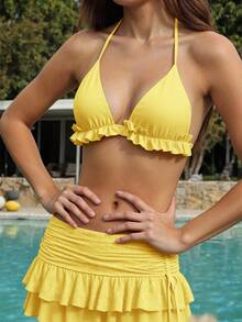 Swim Mod Atasan Bikini Halter Berkerut Warna Polos untuk Liburan Musim Panas Wanita di Pantai - Kuning - View 3