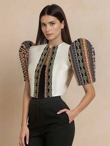 Amyenjoylife 现代菲律宾传统上衣，蝴蝶袖菲律宾传统上衣，夏季女士时尚优雅拼接泡泡袖开衫上衣，女士菲律宾传统短上衣，金色上衣 - 金色 - 查看 4