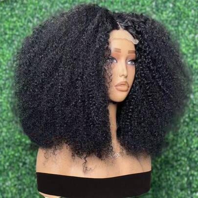 Soft Preplucked Natural Black 18inch Glueless 180 Density Afro Kinky Curly 13x4 Deep Lace Front Wig Synthetic For Daily