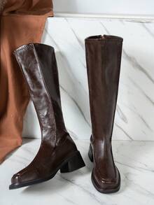 Versatile Retro New Style Square Toe Chunky Heel Back Zipper Color Block Leather Fashion Boots, Knee-High Boots, Suitable For Daily Wear, Music Festivals, Halloween