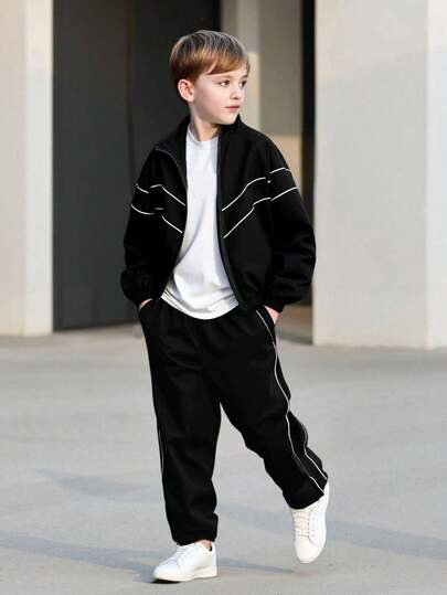 2pcs Boys' Spring/Autumn Casual Striped Pattern Windbreaker Jacket And Straight Leg Pants Set, Fashionable Outdoor Sports Outfit