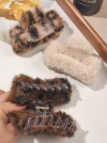 3 Stück Leoparden-Muster Plüsch warm vielseitig schicke elegante mittelgroße quadratische Haarklammern, geeignet für Teegesellschaften und Bälle, elegante Haaraccessoires für Herbst/Winter, elegante Haarklammern, Winterhaarklammer für Sommeroutfits, Festivals, Partys - Verschiedenfarbig - Übersicht 5