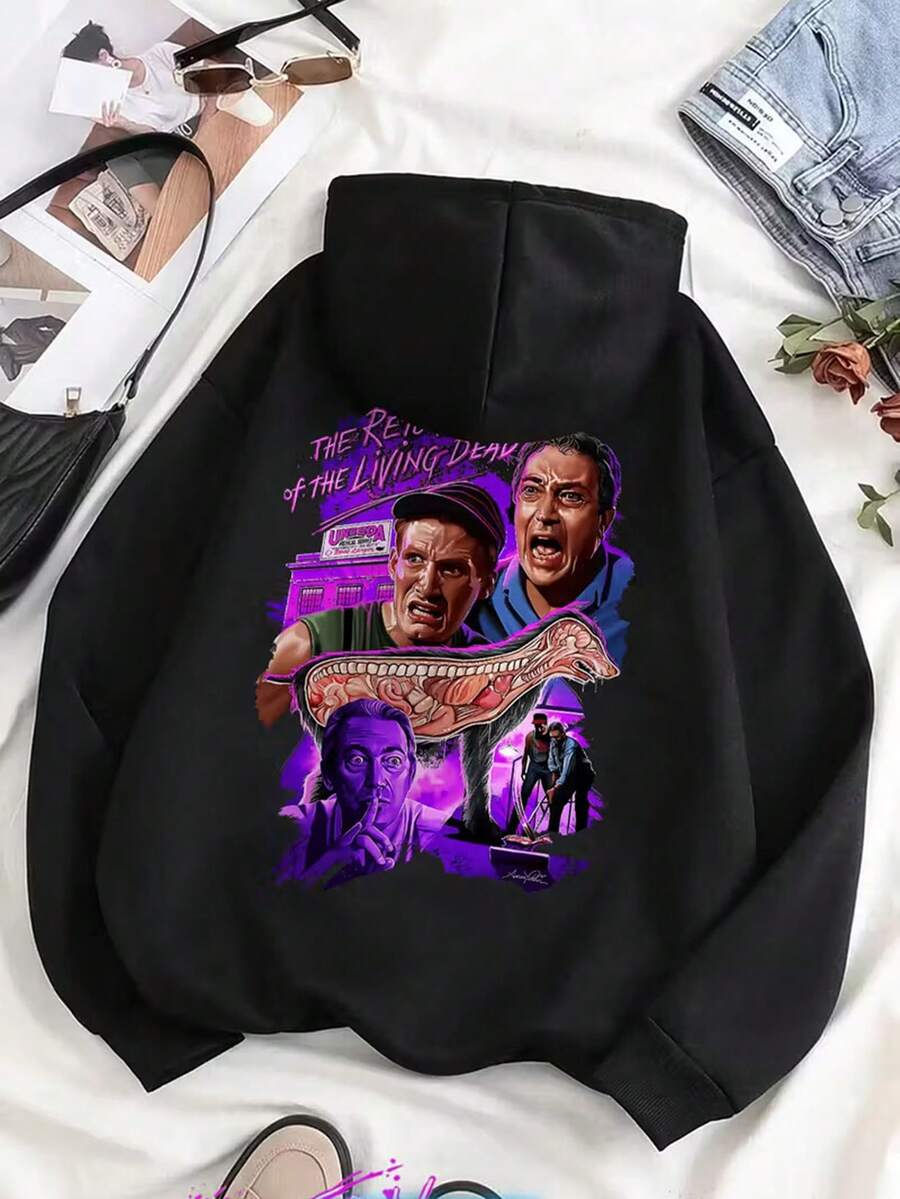 Retro Zombie Movie Artwork Fun Men's Fashion Hoodie Casual Autumn And Winter Fleece Hoodie Comfortabl Eessential Hoodie,Fall Hoodies,Men's Fall Clothes,Street Wear,Halloween,Mens Hoodies,Y2k Clothes,Jesus Hoodie,Thanksgiving Day,Nightmare Before Christmas,Christmas - 黑色 - 查看 1