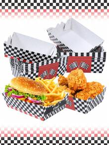 6pcs Racing Car Theme Paper Food Trays, Black & White Checkered Disposable Food Containers, Baby Shower Food Serving Trays, Racing Car Birthday Party Tableware Decor, Disposable Party Supplies, Snack Trays, Bread Boxes, Cake Boxes, Cookie Boxes, Candy Boxes, Fries & Popcorn Boxes, Donut Packaging Boxes, Holiday Event Party Food Platters, Birthday Party Supplies - Racing - View 2