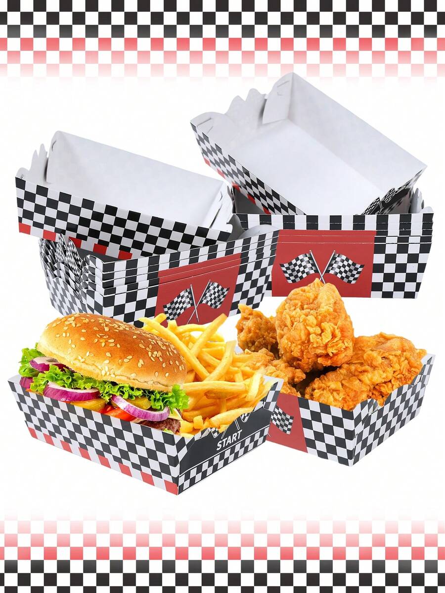 6pcs Racing Car Theme Paper Food Trays, Black & White Checkered Disposable Food Containers, Baby Shower Food Serving Trays, Racing Car Birthday Party Tableware Decor, Disposable Party Supplies, Snack Trays, Bread Boxes, Cake Boxes, Cookie Boxes, Candy Boxes, Fries & Popcorn Boxes, Donut Packaging Boxes, Holiday Event Party Food Platters, Birthday Party Supplies