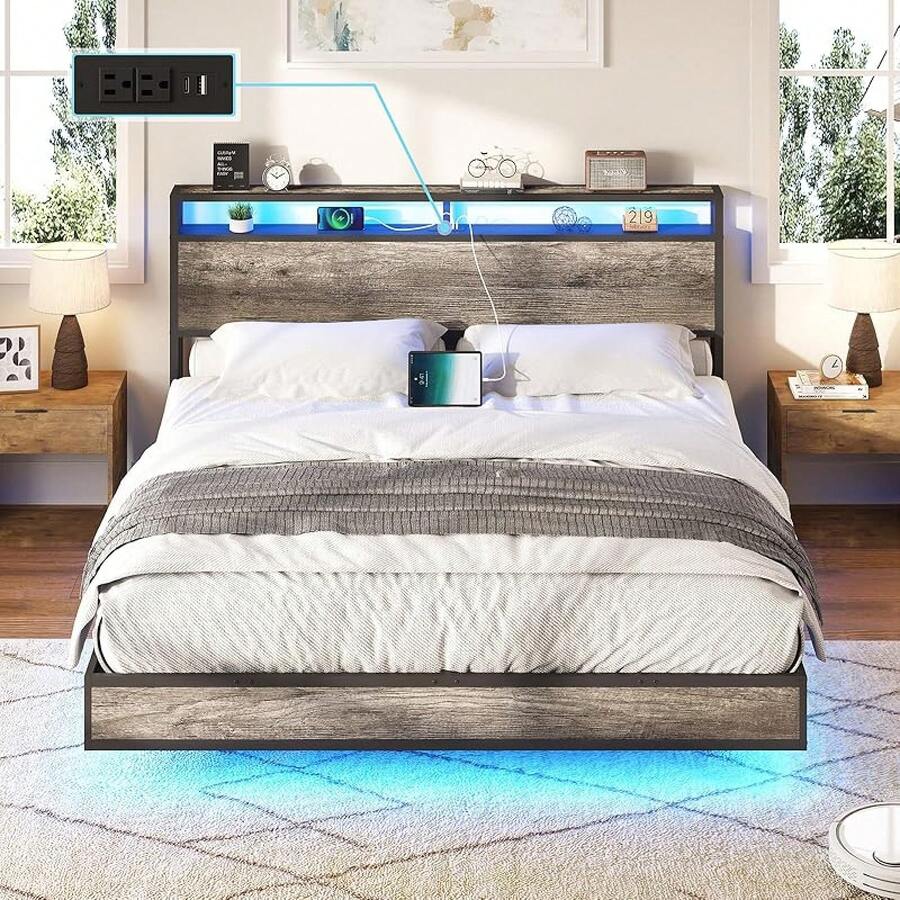 Full/Queen/King Size Floating Bed Frame With RGB LED Lights, Modern Platform Design With Smart Storage Headboard And Built-In Type-C & USB Charging Ports - View 1