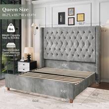 Queen/King Size Platform Bed Frame With 61.4" Tall Velvet Wingback Headboard, Deep Button Tufted And Handcrafted Pleats Design, Solid Wood Legs, No Box Spring Needed - Grey - View 2