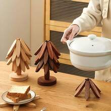 1 Set Walnut Wood Tree-Shaped Trivet Set - Natural Tree-Shaped Trivet Set - 5 Wooden Trivets And 1 Holder, Foldable Wooden Trivet For Kitchen, Suitable For Hot Dishes, Pots, Bowls, Teapots, Warmers, Pot Holders, Coasters, Casserole Pads, Tree-Shaped Design Home Heat-Resistant Placemats, High-Quality Coasters, Modern Minimalist Placemats, Christmas Gift - Multicolor - View 8
