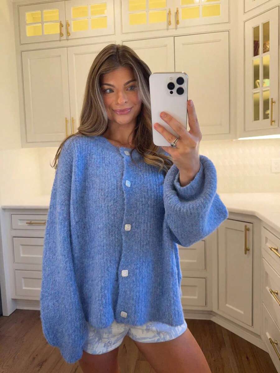 Womens Cardigans Long Sleeve Open Front Knitted Cardigan Button Round Neck Sweater Lightweight Solid Color Jumper - Blue - View 1