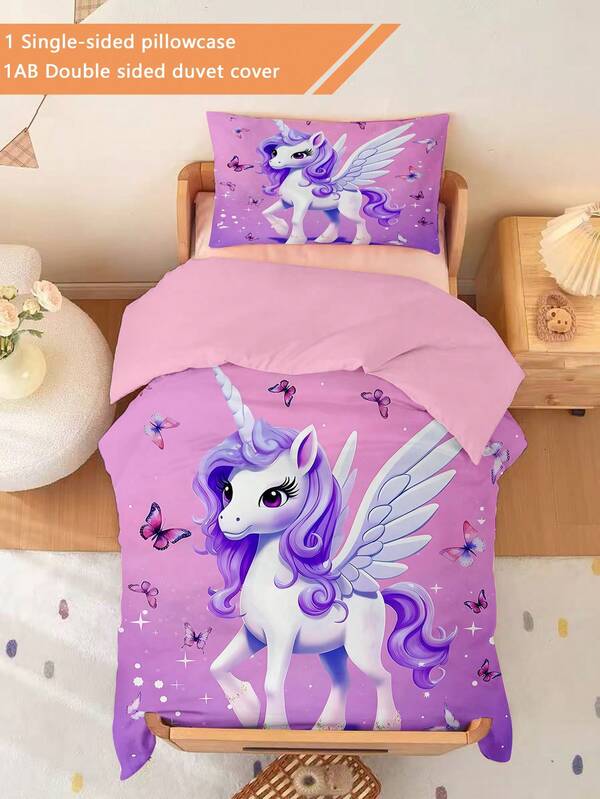 2 Stücke Lila Traum Einhorn Thema Bettbezug Set (Ganzjahreskollektion) Doppelseitiger Bettbezug Set (1 einseitig bedruckter Kissenbezug + 1 doppelseitig bedruckter Bettbezug, ohne Füllmaterial) für Baby Kinder, maschinenwaschbar, geeignet für Neugeborenen Betten Kinderbett, als Geschenk zu Feiertagen. Der Kissenbezug ist einseitig Muster und misst 33 * 45cm.