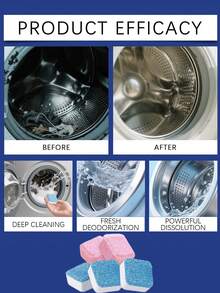 Tabletas de limpieza potentes para lavadora - Limpieza profunda del tambor interior y la tina de lavado, compatibles con lavadoras de carga frontal, superior y de alta eficiencia. Elimina los residuos que causan olores, el pelo de mascotas y la acumulación de agua dura. Apto para sistemas sépticos.
