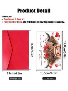 1pc Highland Cow Valentine's Day Thank You Card With Envelope, Cute Scottish Cow Design, Blank Greeting Card For Anniversaries, Weddings & Friendship, Valentine's Gift For Partner, Him, Her And Cow Lovers