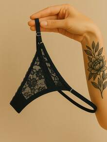 Kit Of 3 Lace Panties With Double String And Side Adjustment. Comfortable, Transparent Fabrics, Lingerie, Intimate Fashion, Perfect Fit. - Black - View 1