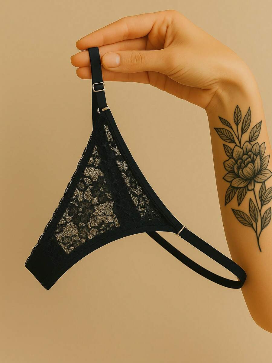 Kit Of 3 Lace Panties With Double String And Side Adjustment. Comfortable, Transparent Fabrics, Lingerie, Intimate Fashion, Perfect Fit. - Black - View 1