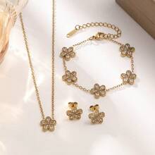 Crystal Four-Leaf Clover Jewelry Set For Women, 18K Gold Plated Stainless Steel Necklace Bracelet Earrings Set, Sparkling Luxury Jewelry Gift For Her