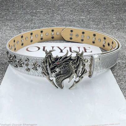 *2025 Punk Rock Red-Eye Dragon Wing Belt For Men, Studded PU Leather Streetwear Waistband With Hook Buckle, Gothic Hip-Hop Style