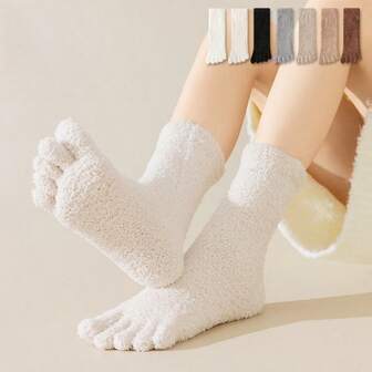 1 Pair Women's Thick Warm Wool Toe Socks, Suitable For Indoor, Sleeping, Autumn/Winter, Color Random