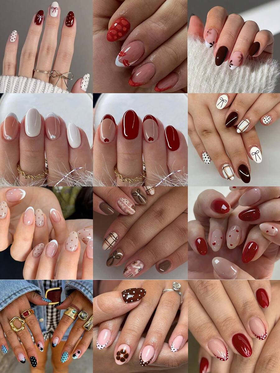 288pcs/Box (12 Mixed) Short Oval Flower Polka Dot Bow French Design Tips Press On Nails Perfect Fit Acrylic False Nails Set,Nails In Autumn And Winter, Suitable For Women And Girls Daily Life And Party Use