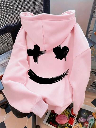 Women's Autumn And Winter Cartoon Pattern Printed Drawstring Hooded Long-Sleeved Sweatshirt With Pockets, Casual Loose And Versatile Style Top For Everyday And Festive Clothes