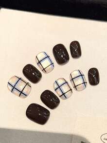 10PCS Pure Handmade Wearable Nail, Simple And Cute Blue Checkered Black Cat Eye Short Style, Suitable For Daily Wear By Women And Girls, Square Short Nails For Parties And Gatherings, With Free Nail Accessories Such As Jelly Glue And Rubbing Strips. [Essential Nail Art For Autumn And Winter]