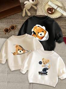 3 件男婴休闲印花圆领套头连帽衫，秋冬 - 可爱的熊和滑板印花连帽衫为每个孩子带来欢乐和幸福！