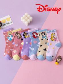 Disney 10/5 Pairs Princess Series Socks, Cute Princess Elsa, Mermaid Princess Mid-Calf Socks For Girls, Cartoon Breathable Winter Socks For Boys And Toddlers