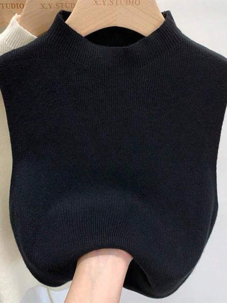 Camiseta sin mangas de punto para mujer, suéter corto y ajustado sin mangas, suéteres sólidos para primavera y otoño - Negro - Añade 1