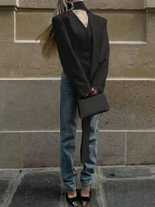 Women's Elegant Blouse With Fashion Scarf Patchwork Tie-Front Casual Commuter Blazer, Solid Woven Fabric, Button Closure - Black - View 6