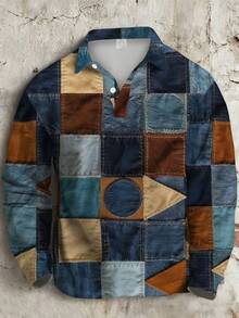 Men's Long Sleeve Polo Shirt, Blue & Brown Color Block Classic Polo Collar Button Design, Versatile For Daily Commute, Retro & Streetwear Style, Suitable For Autumn/Winter - Multicolor - View 8