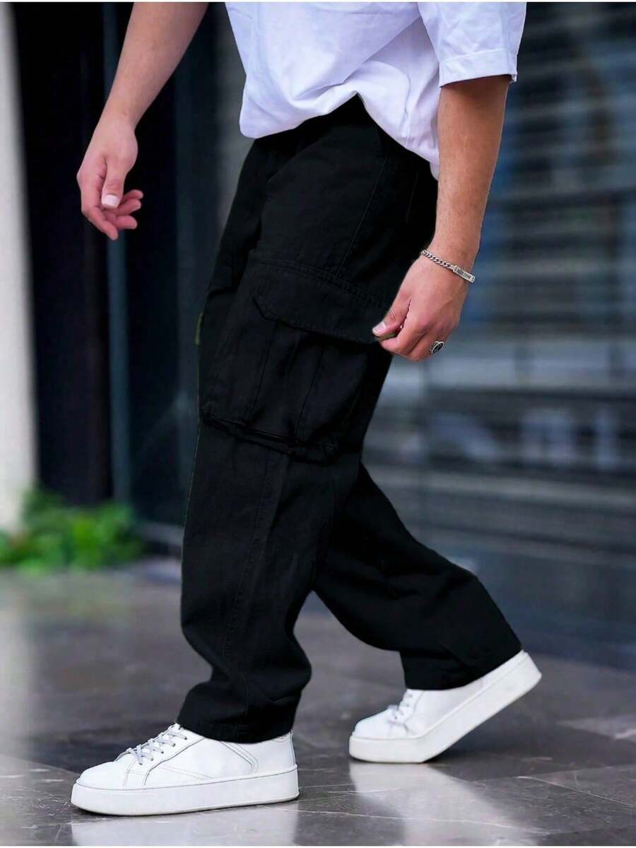 1pc Men Solid Color Multi-Pocket Casual Cargo Pants, Summer Beach Vacation Pants, Loose Fit Sportswear For Outdoor, Running, Hiking, Fitness, Loose Straight Leg Casual Pants For Daily Wear, Summer Street Fashion, Fall - màu đen - Xem 1