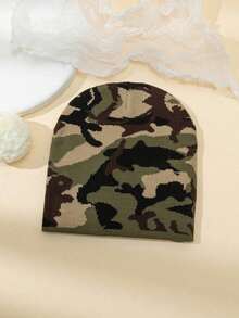 1pc Women's Camouflage Knitted Hat, Autumn/Winter Warm Street Style Casual Beanie - 軍綠色 - 查看 13