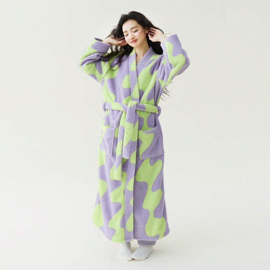 Bathrobe - Fluorescent Green Ripple Print Robe + Purple Pants - View 1