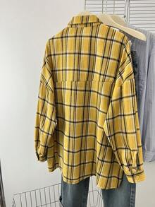 Plaid Front Button-Up Casual Long Sleeve Loose Shirt, Suitable For Autumn Spring - Yellow - View 3