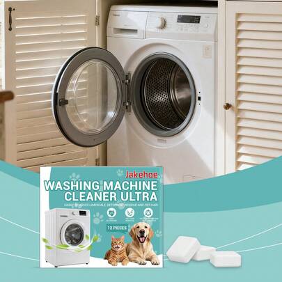 jakehoe 12片装强力洗衣机清洁片 - 三效合一深度除垢，彻底去除水垢。让您的滚筒/脉冲式洗衣机保持清新顺畅的运行状态。浴室装饰及配件、洗衣液、清洁用品、洗衣房配件、洗衣粉、洗衣皂、洗衣机清洁剂、除霉剂、浴室清洁剂