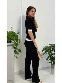 Modal Knit Suit With Wide Leg Pants And Short Sleeve Polo Neck Top Color Block Striped Pocket Zipper Drawstring - màu đen - Xem 5