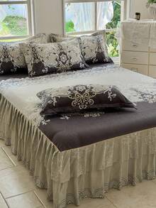 3件套床裙套装（1个床裙+2个枕套），花卉图案，柔软亲肤，适合卧室，四季皆宜 - 灰色 - 查看 1