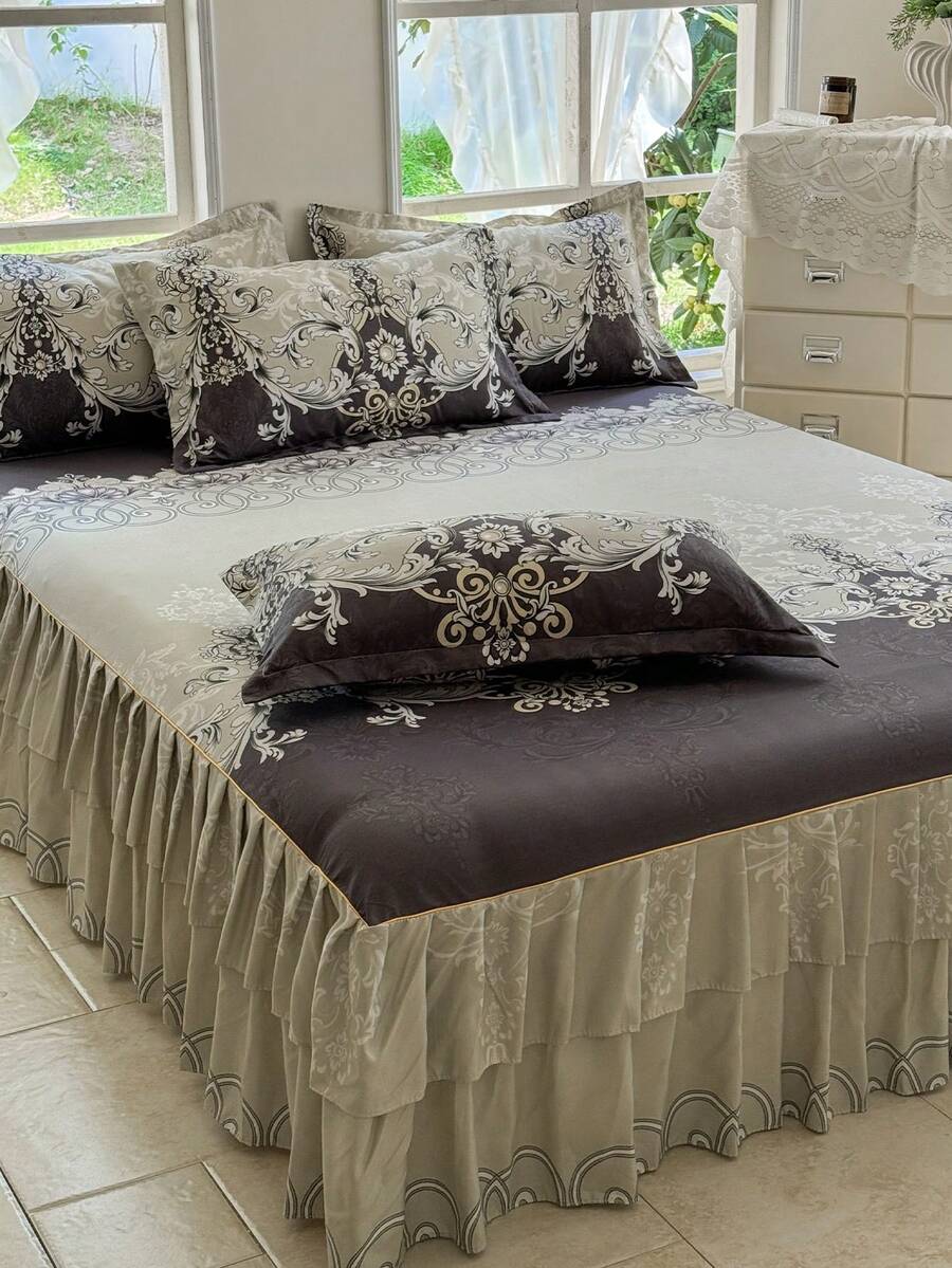 3件套床裙套装（1个床裙+2个枕套），花卉图案，柔软亲肤，适合卧室，四季皆宜 - 灰色 - 查看 1