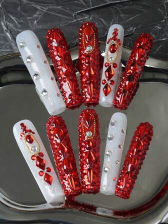 CrystalHola Christmas, 10 Pieces Of Handmade Press On Nails, Y2K Nails, Square French Tip Nails, Heavy Work, Gorgeous And Luxurious, Red Gems Cover The Entire Nail Surface, Full Coverage Design, Removable And Reusable, Unique Summer Fingertip Art, A Must-Have Fashion Accessory For Parties And Weddings.
