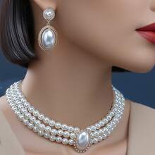 3pcs/5pcs Vintage Palace Style Earrings & Necklace Set, Faux Pearl Choker Necklace, Bridal Collar Necklace - Gold - View 5